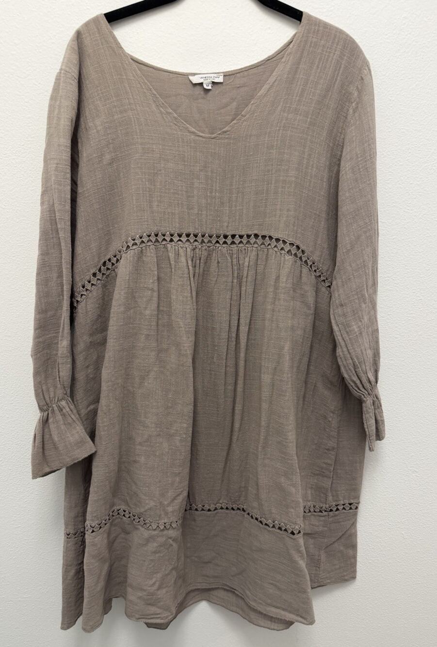 Vanessa Zani Italy Cotton Gauze Boho Midi Tunic Dress Taupe M Crochet Trim